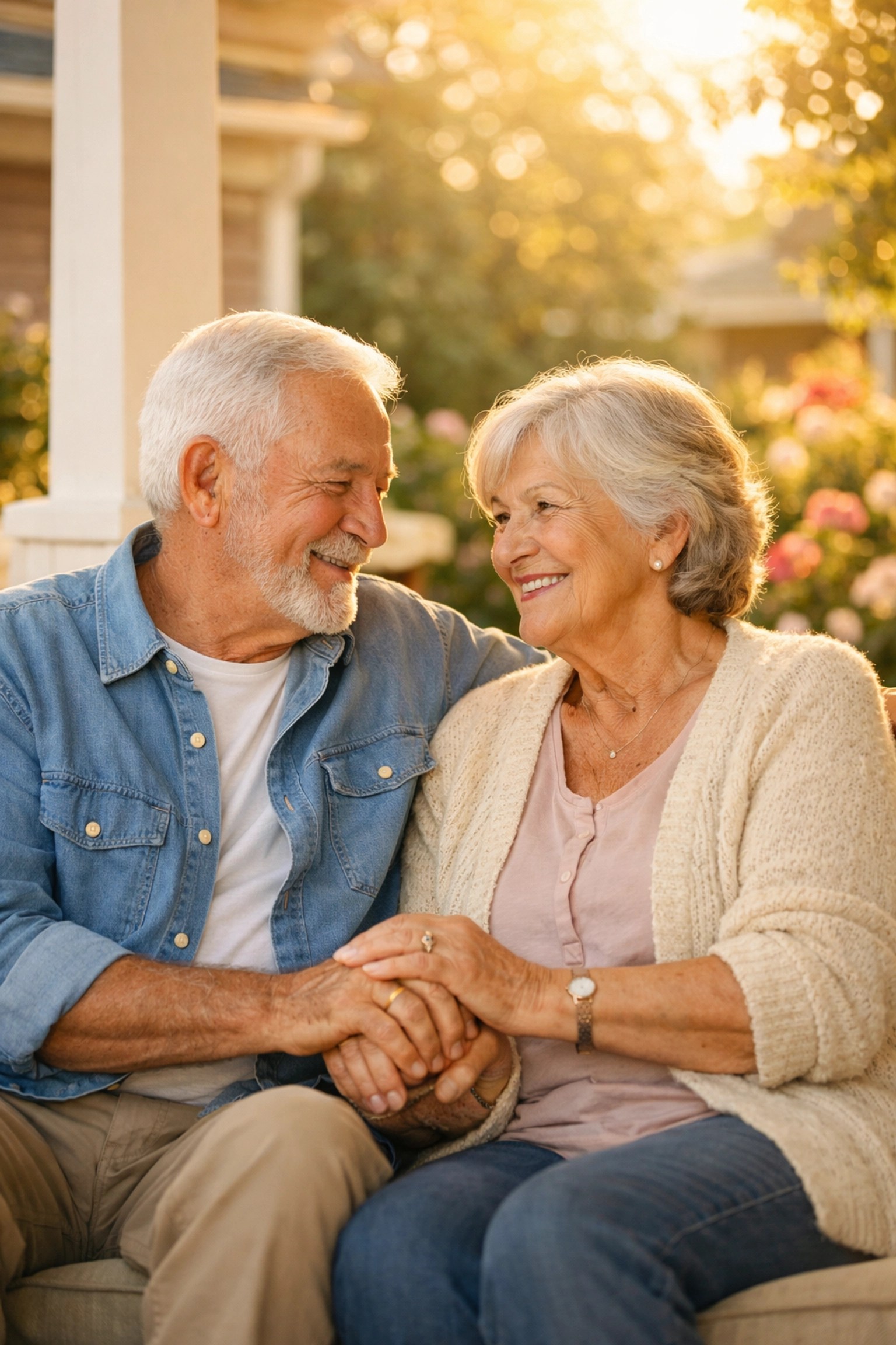 Happy senior couple holding hands on a porch, feeling secure with affordable final expense insurance.