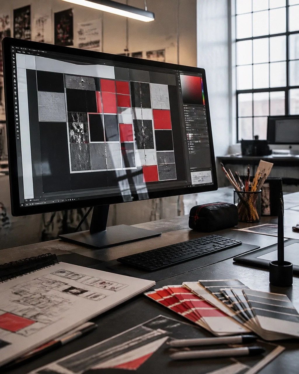 Graphic design workspace with monitor, color swatches, stylus, and creative tools