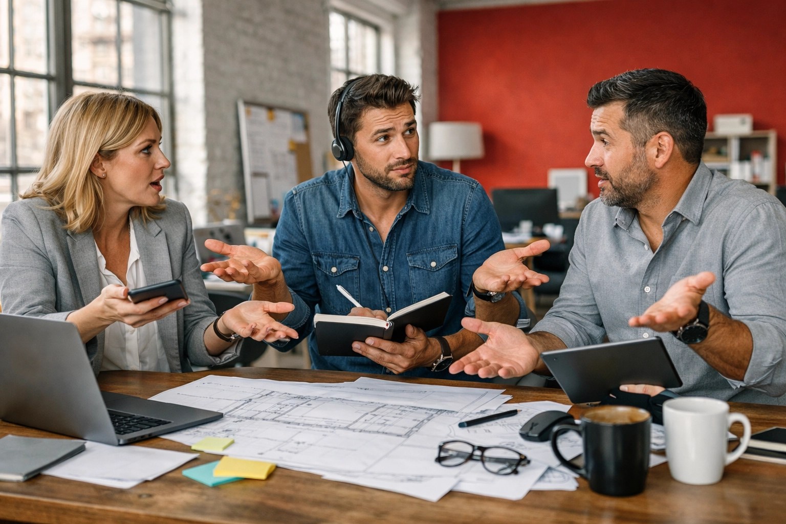 Confused business team in a modern office showing why business operations consulting and role clarity are essential.