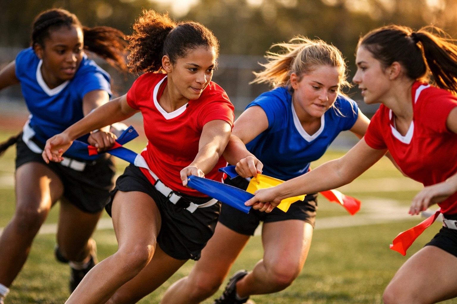 Girls flag football players practicing drills and pulling flags during training in Atlanta