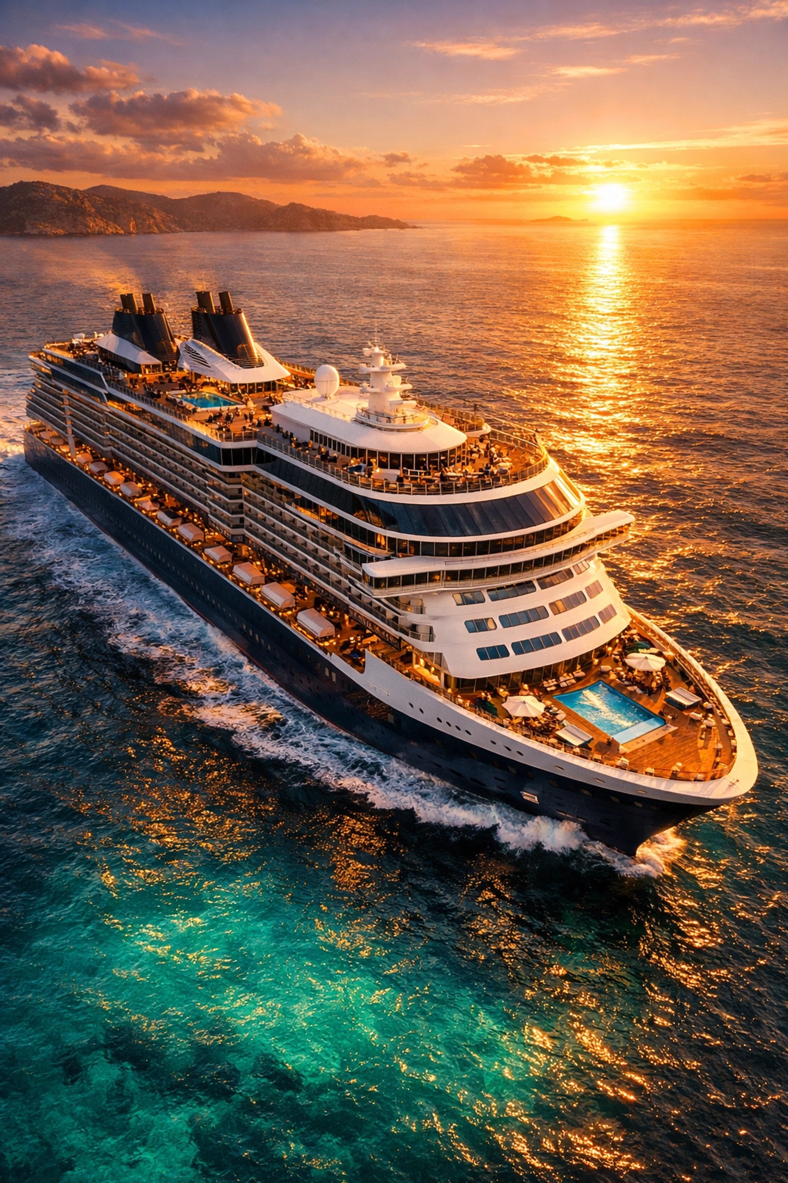 Modern luxury cruise ship sailing Mediterranean waters at sunset
