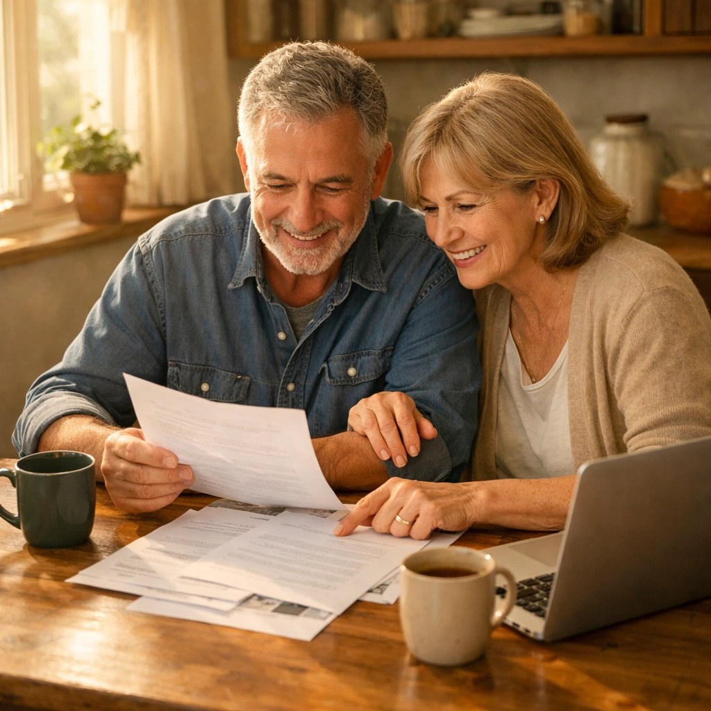 Senior couple reviewing retirement tax planning documents together at kitchen table
