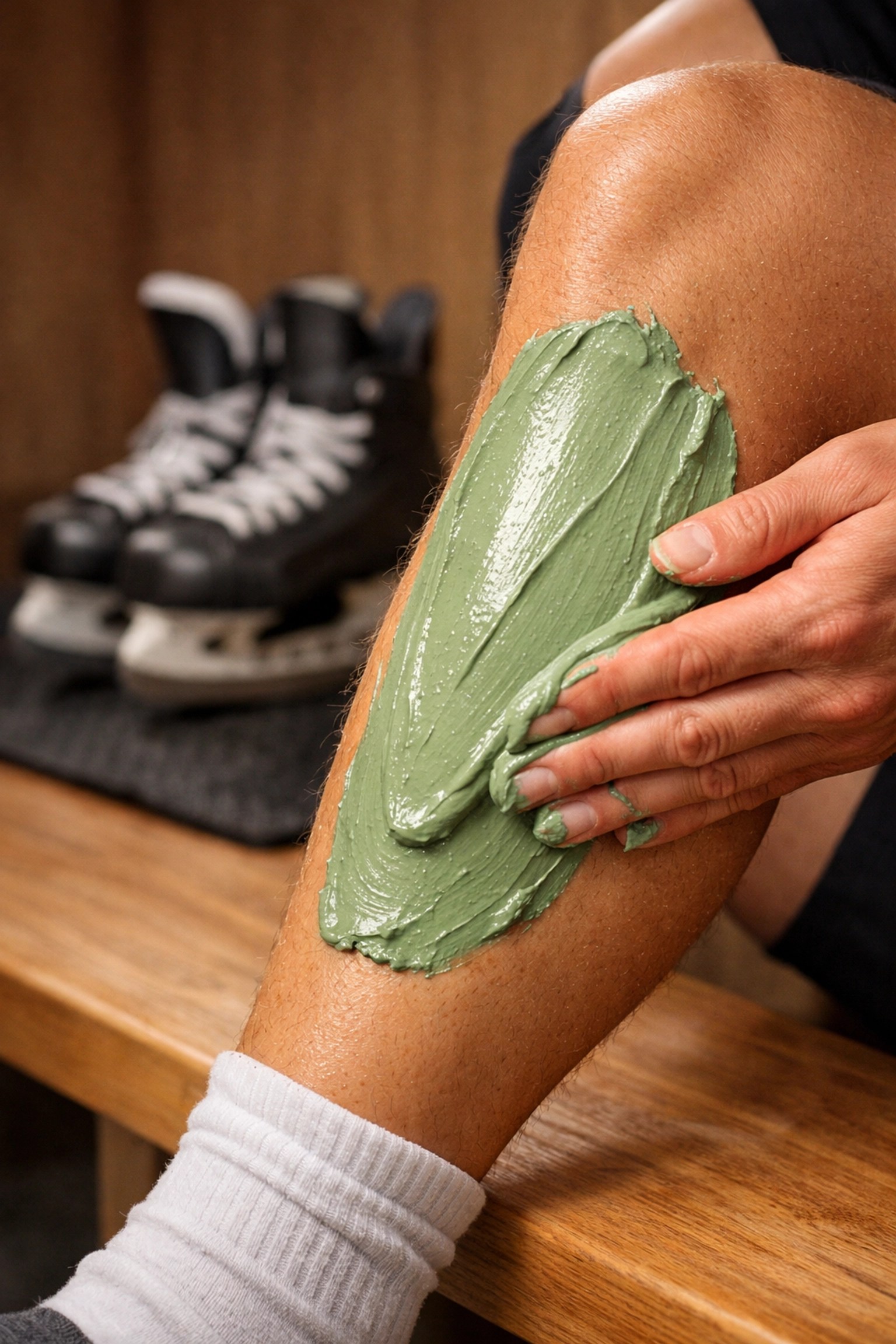 Athlete applying French green healing clay to shins for ice skating injury recovery and inflammation.