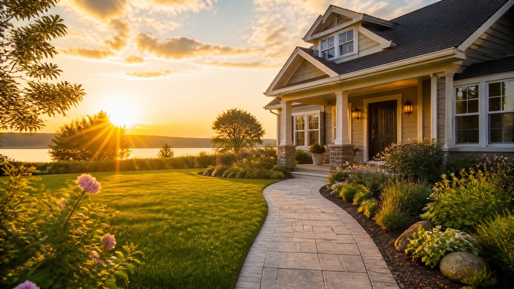 A serene and peaceful sunrise over a tranquil suburban home and garden, symbolizing peace of mind and financial security