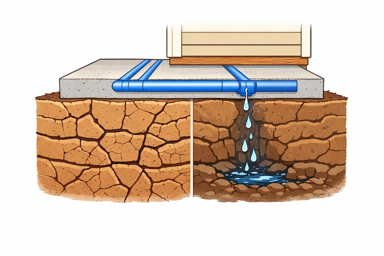Cross-section diagram showing slab leak in DFW foundation with expansive clay soil and water pipes
