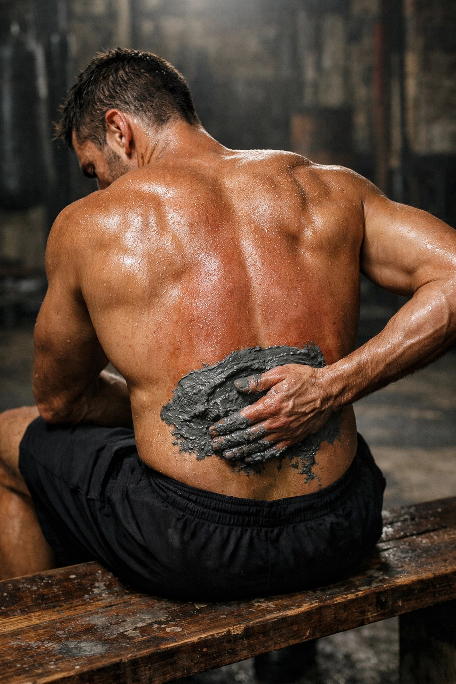 Tibs Parise applying natural mineral mud to his lower back for targeted inflammation relief and sports recovery.