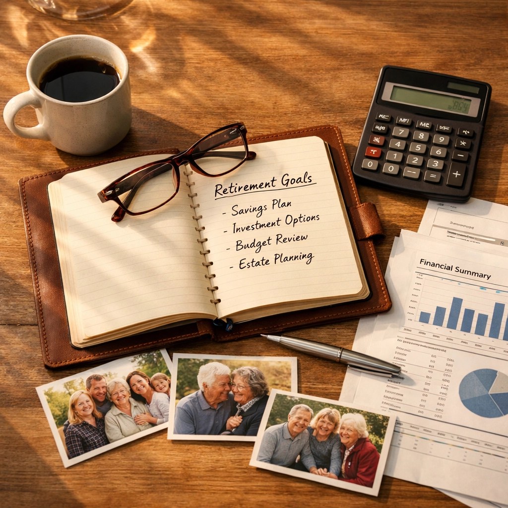 Retirement planning materials on kitchen table with family photos and financial documents