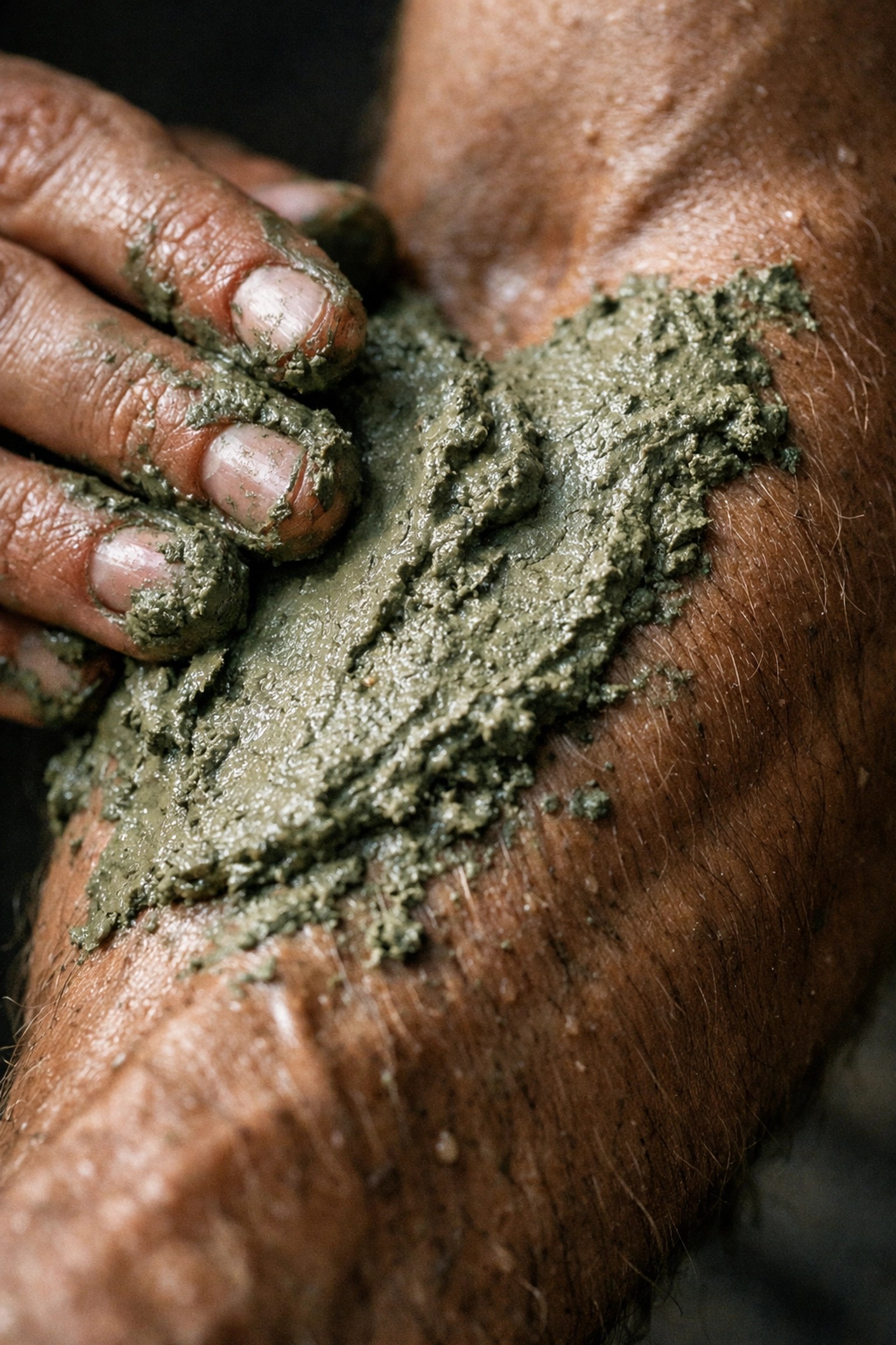 Natural Clayer French green clay applied to a forearm to heal inflammation and muscle stress.