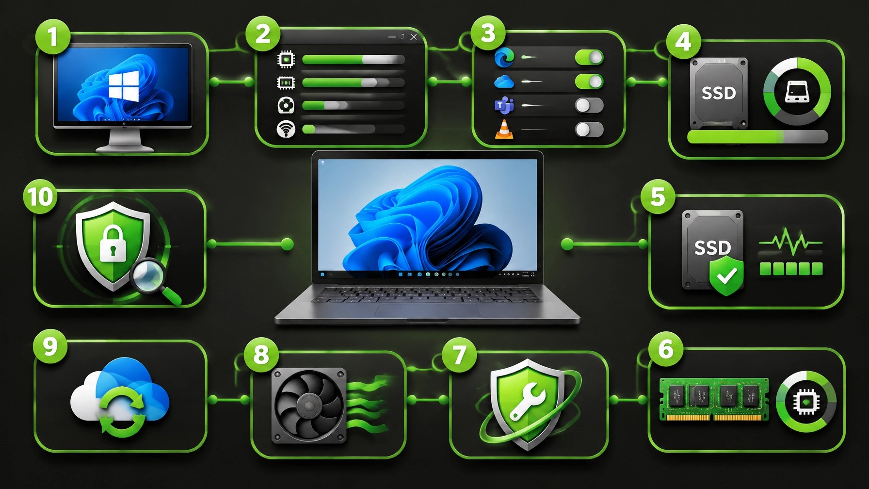 Remote IT support checklist showing Windows 11 performance diagnostics, storage health, memory testing, security scanning, and thermal monitoring