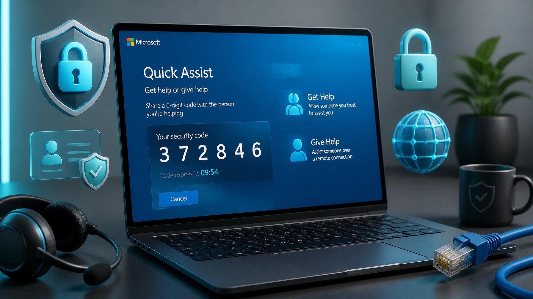 Digital illustration of secure Microsoft Quick Assist session with cybersecurity icons