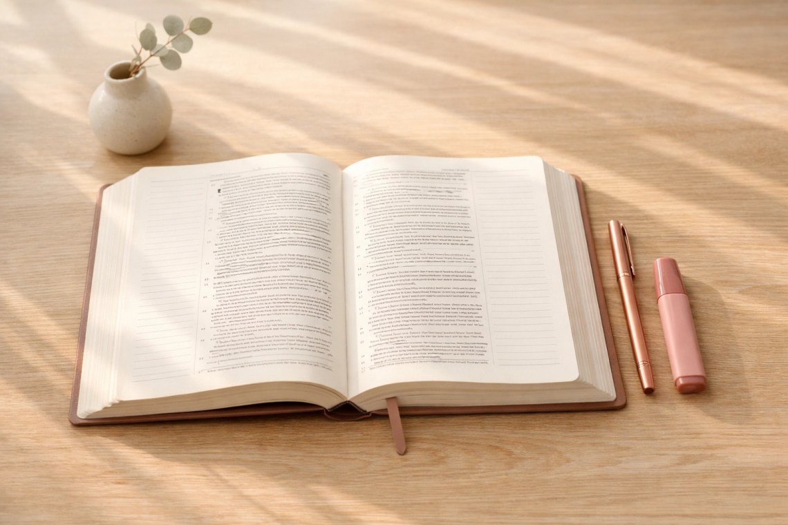 An open wide-margin Bible with a rose-gold pen on a desk, perfect for a beginner's daily prayer journal practice.