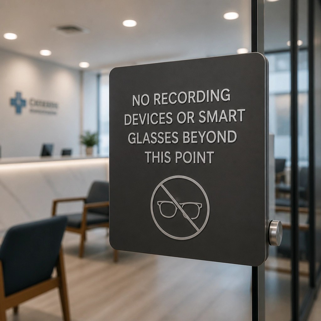 A professional 'No Smart Glasses' sign on an office door.