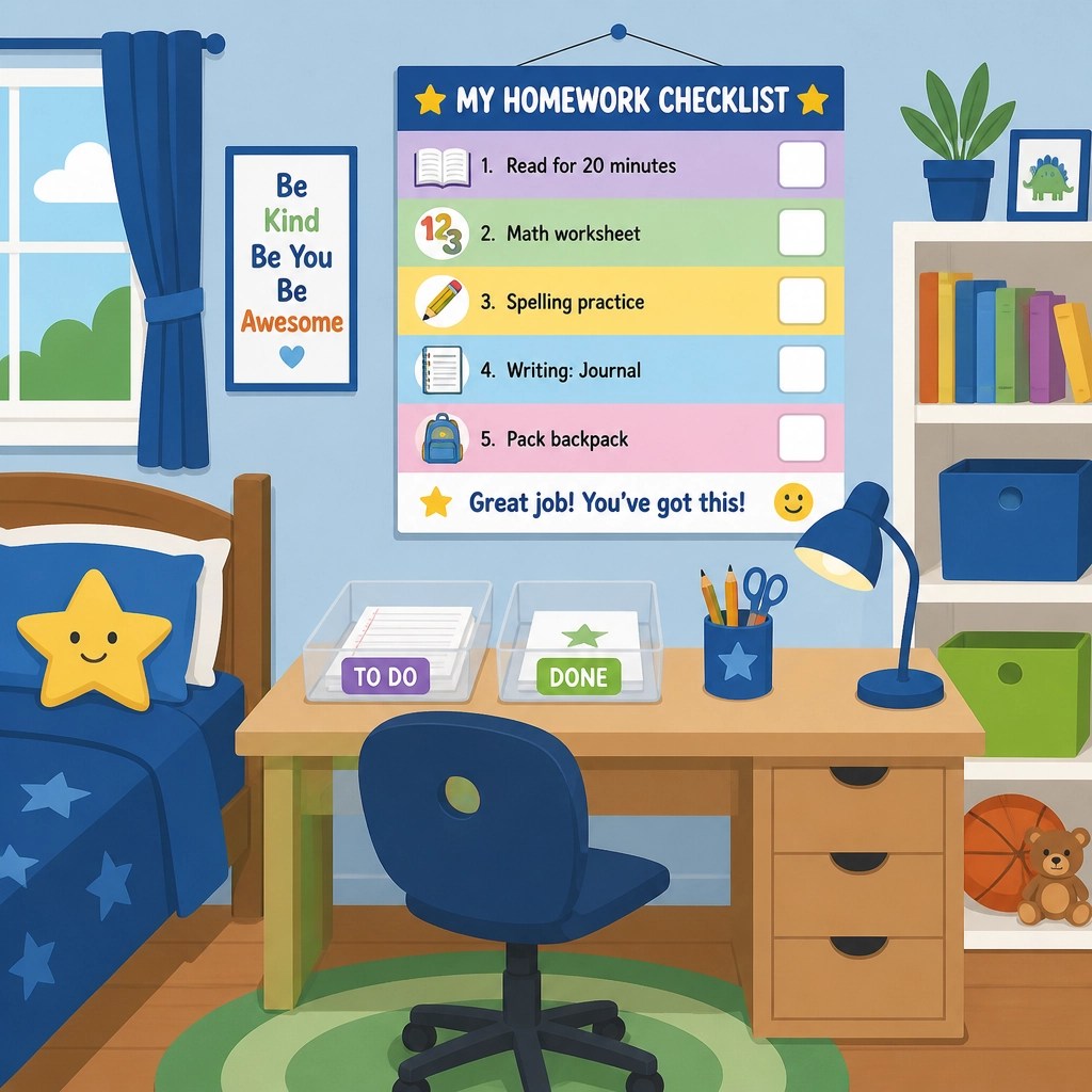 An organized homework station with visual labels