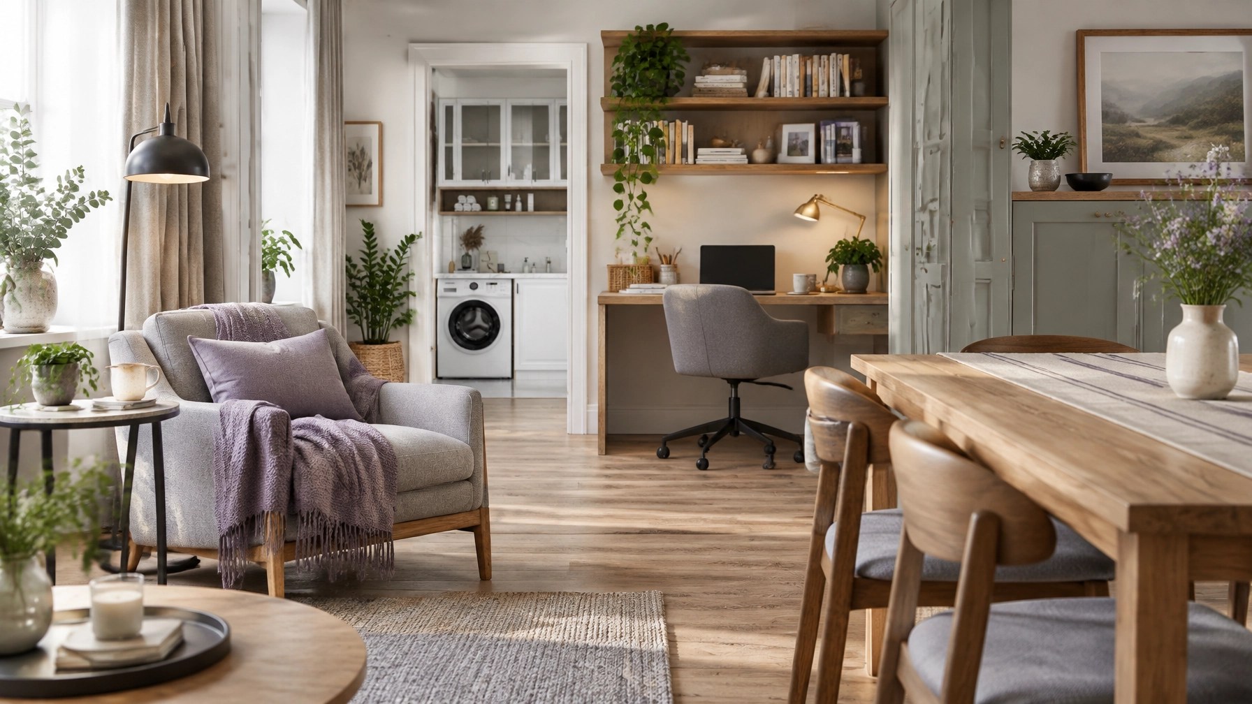 A calm shared living space reflects intentional planning, personal zones, and a welcoming sense of order