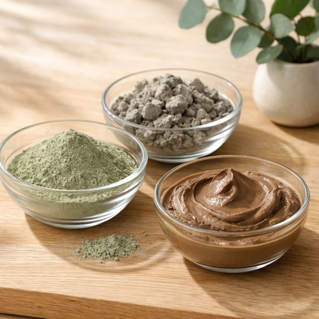 Natural food-grade earth clays and mineral powders in glass bowls for healthy internal detox.