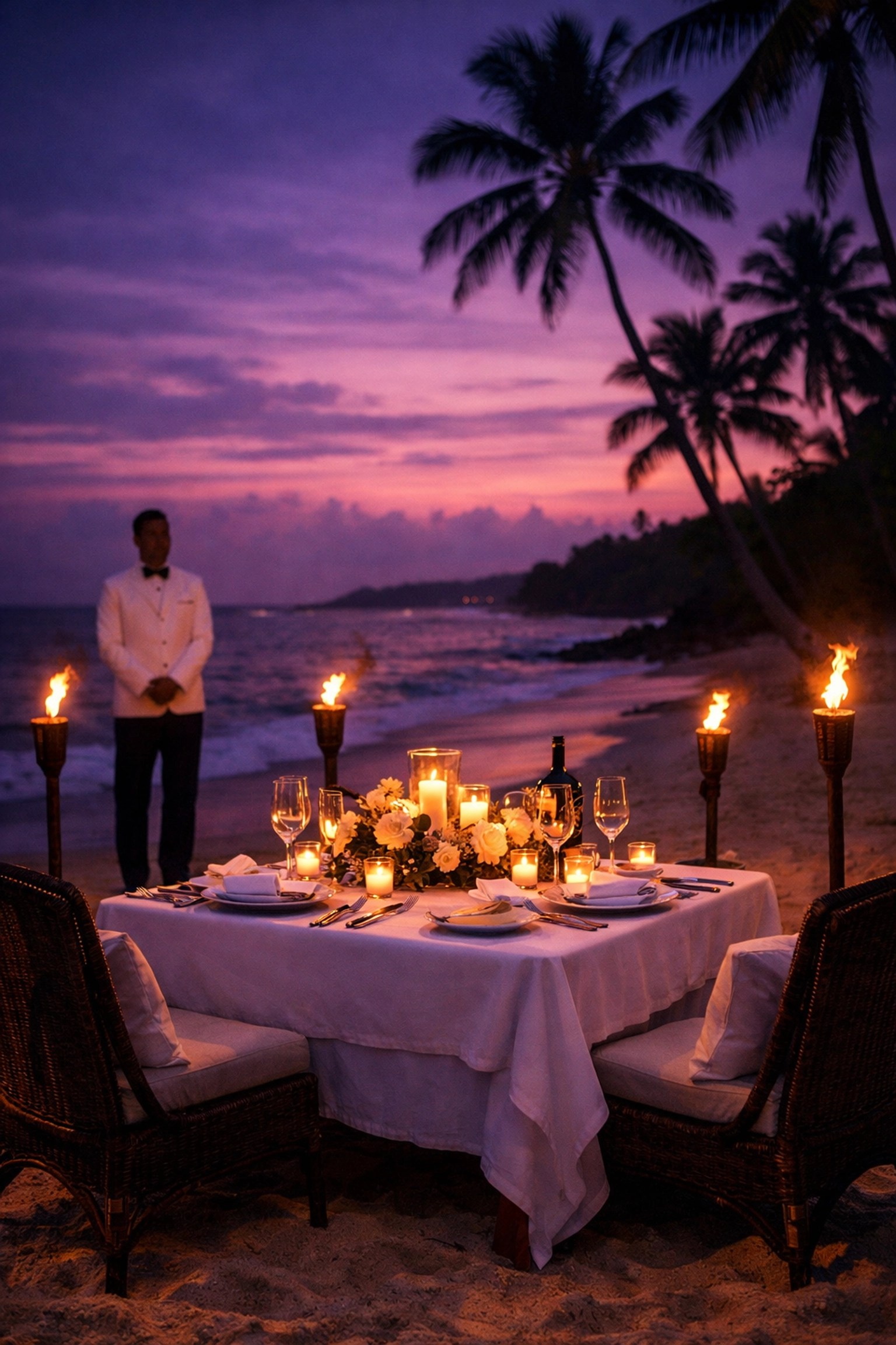 Private beach dinner with personal butler service at elite luxury resort
