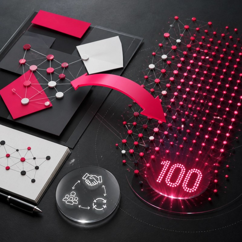 Two abstract business networks connected by a bold magenta-red bridge arrow, expanding into 100 glowing points