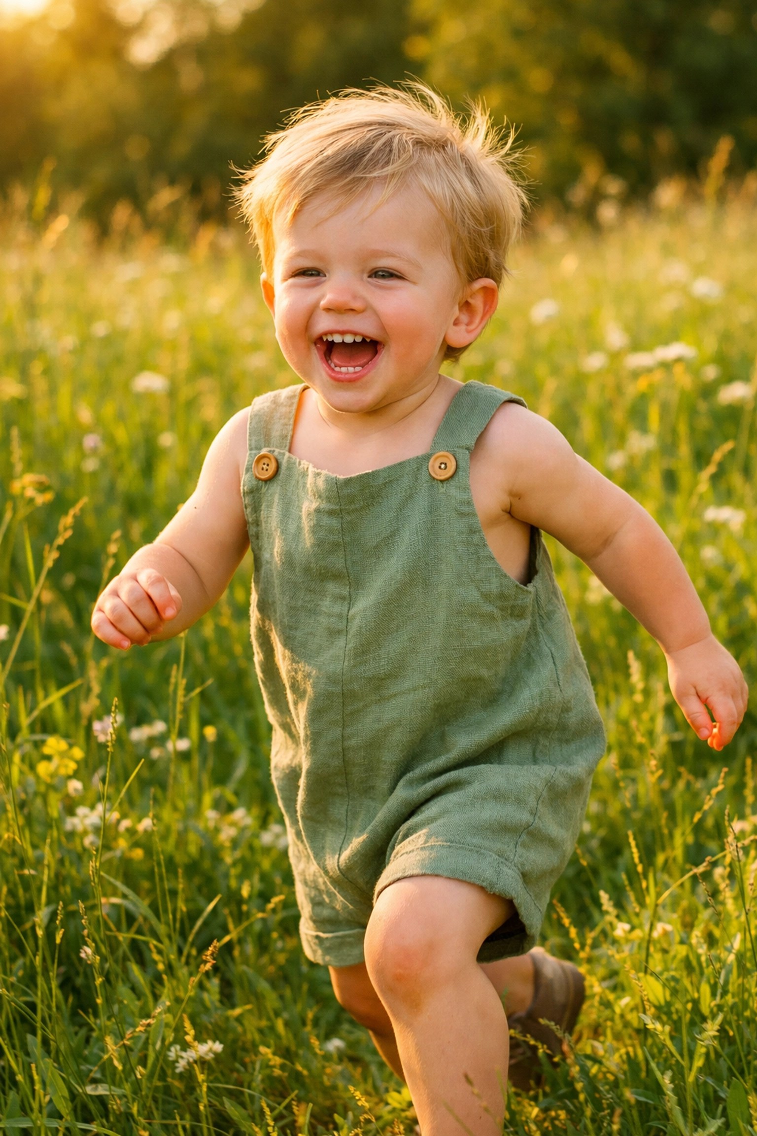 Toddler boy in a sage green romper running through a meadow during a family photoshoot.