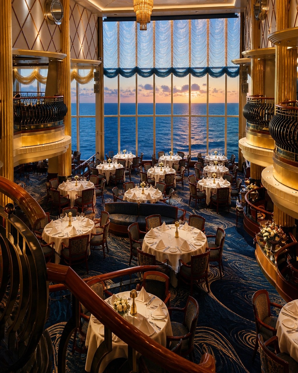 An elegant, colorful cruise dining room prepared for a memorable family dinner