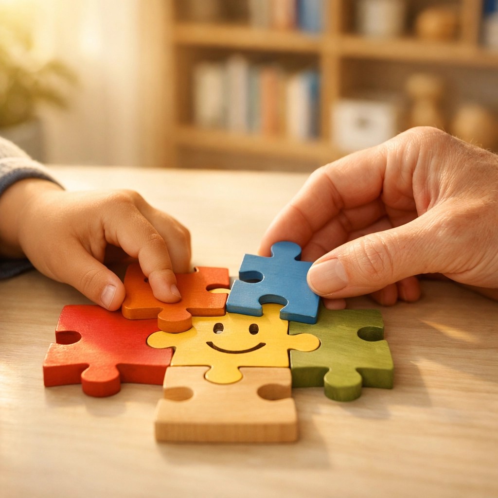 Adult and child hands solving a puzzle during a neuropsychological evaluation for ADHD and anxiety symptoms.