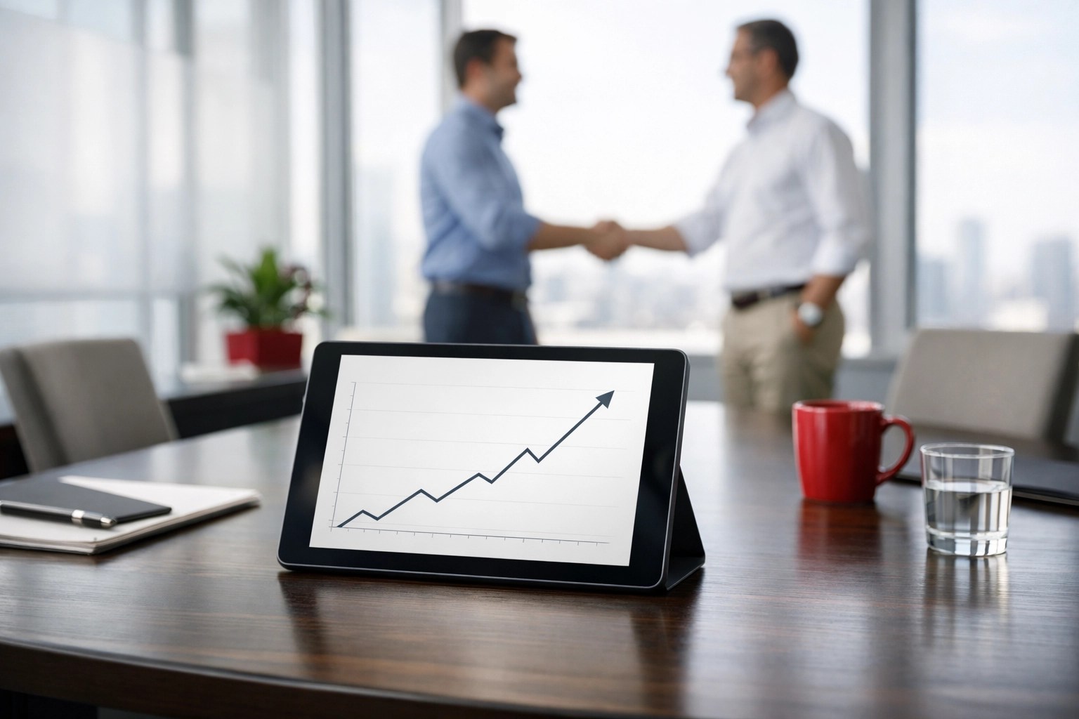 Tablet showing positive growth in a boardroom, illustrating successful project management consulting ROI.