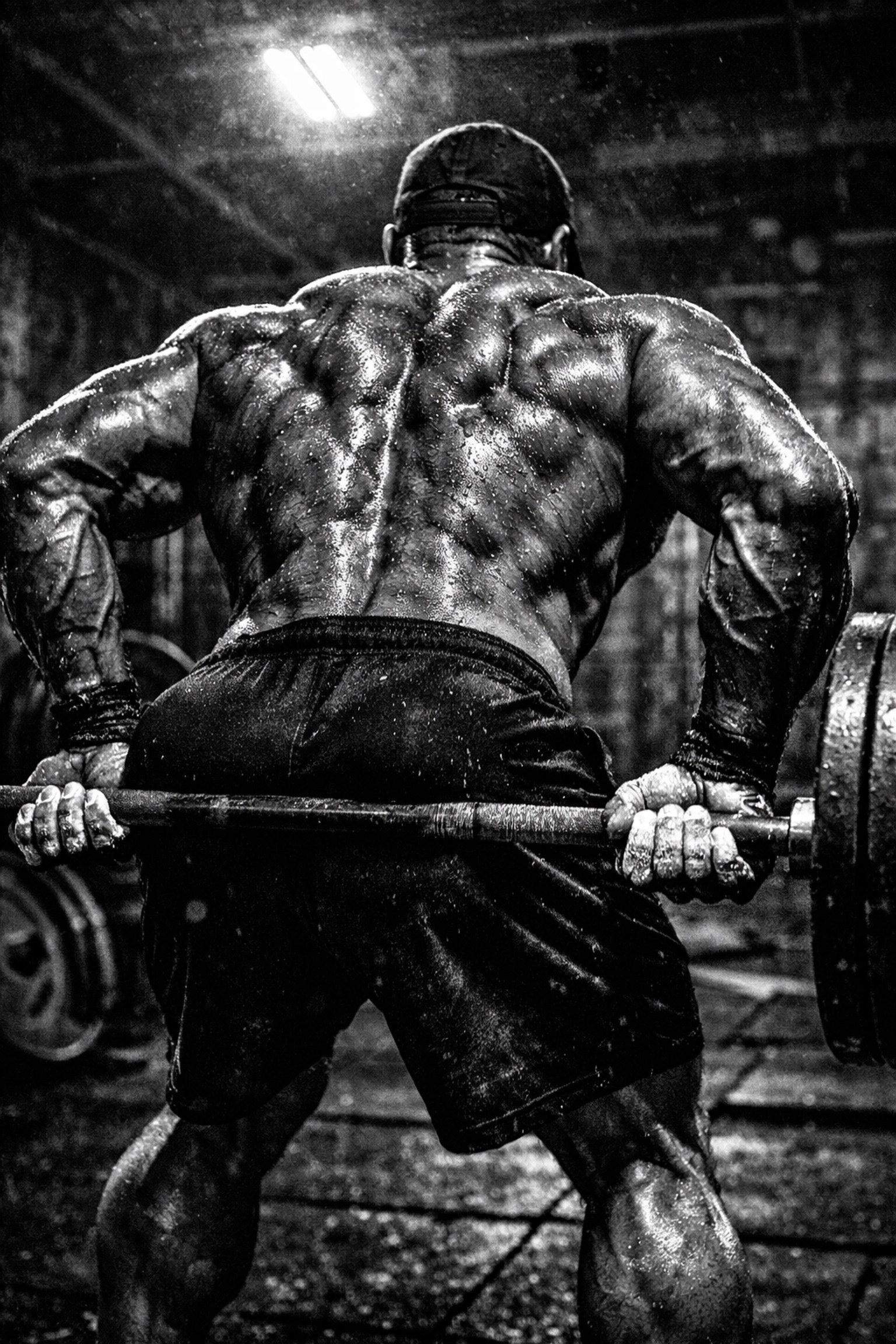 Rear view of an athlete performing heavy barbell rows to target lats and traps for back thickness.