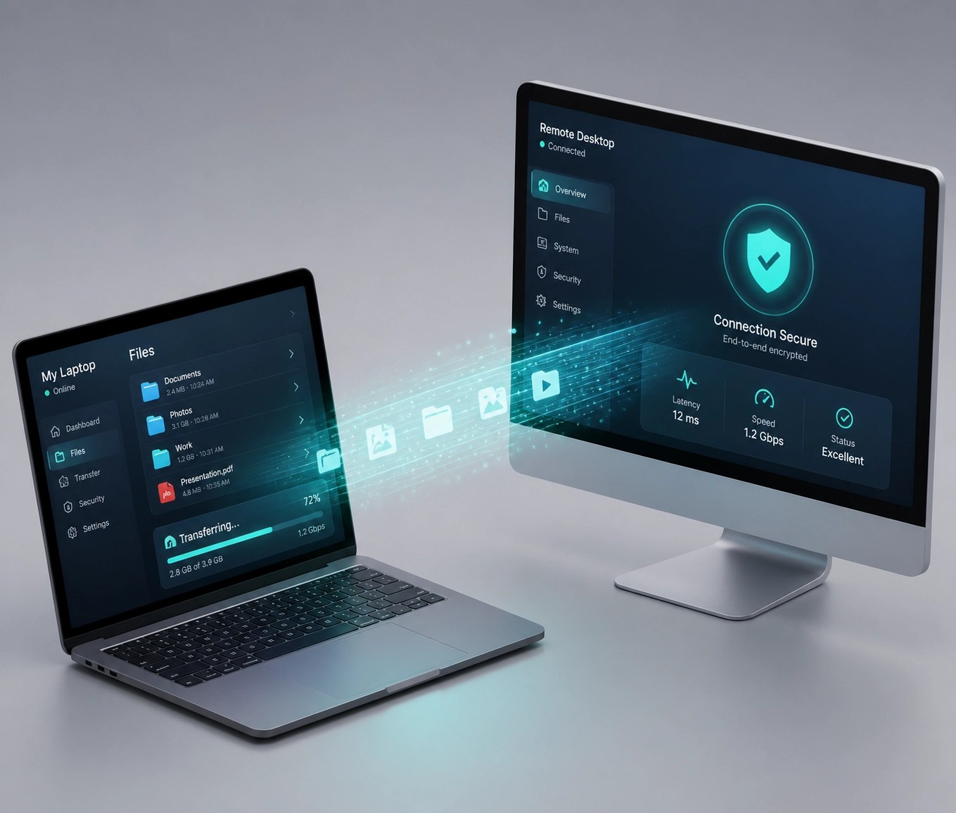 Digital illustration of a laptop and monitor connected by a bridge for secure remote IT support.