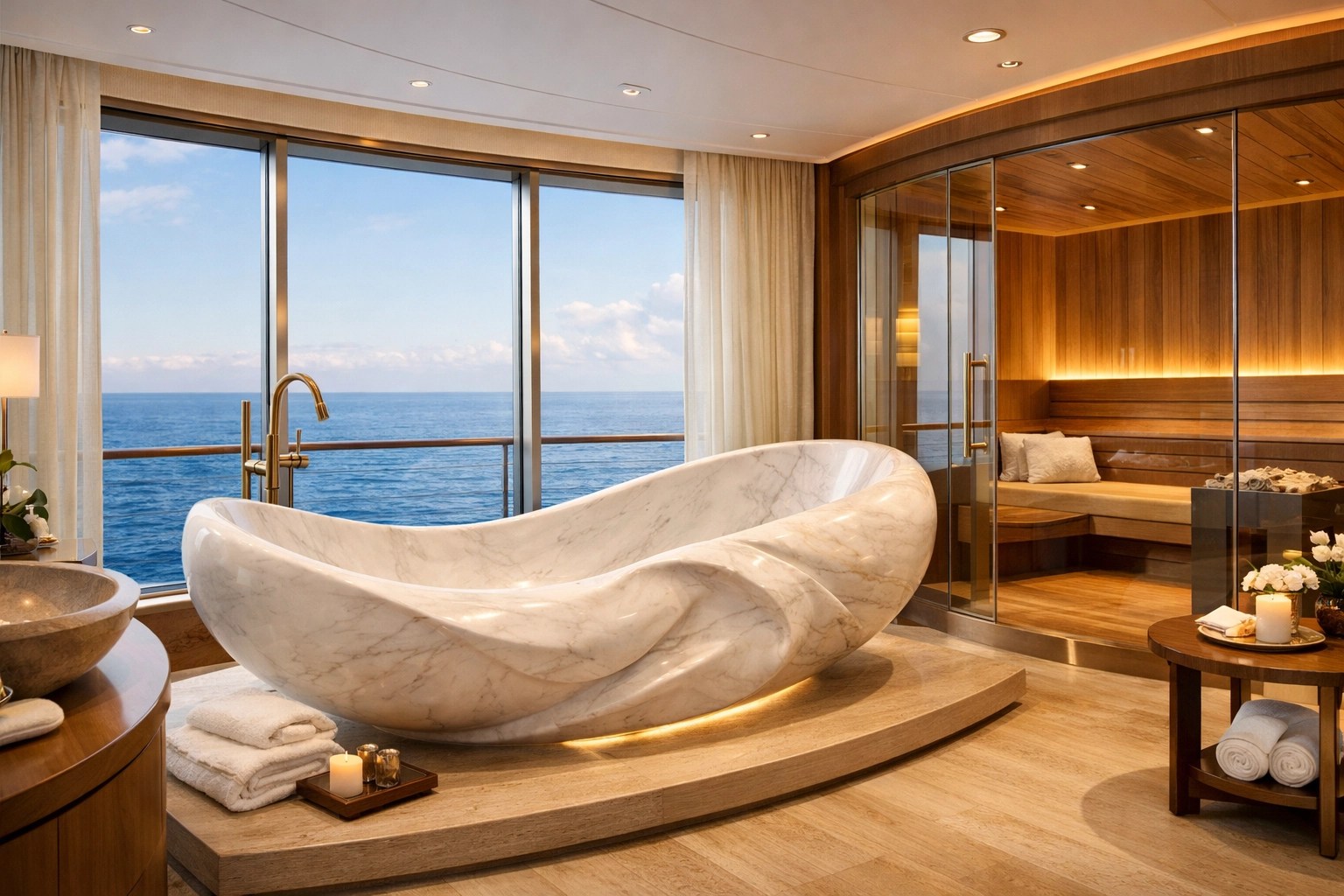 Spa bathroom with hand-carved floating bathtub in luxury cruise mega-suite