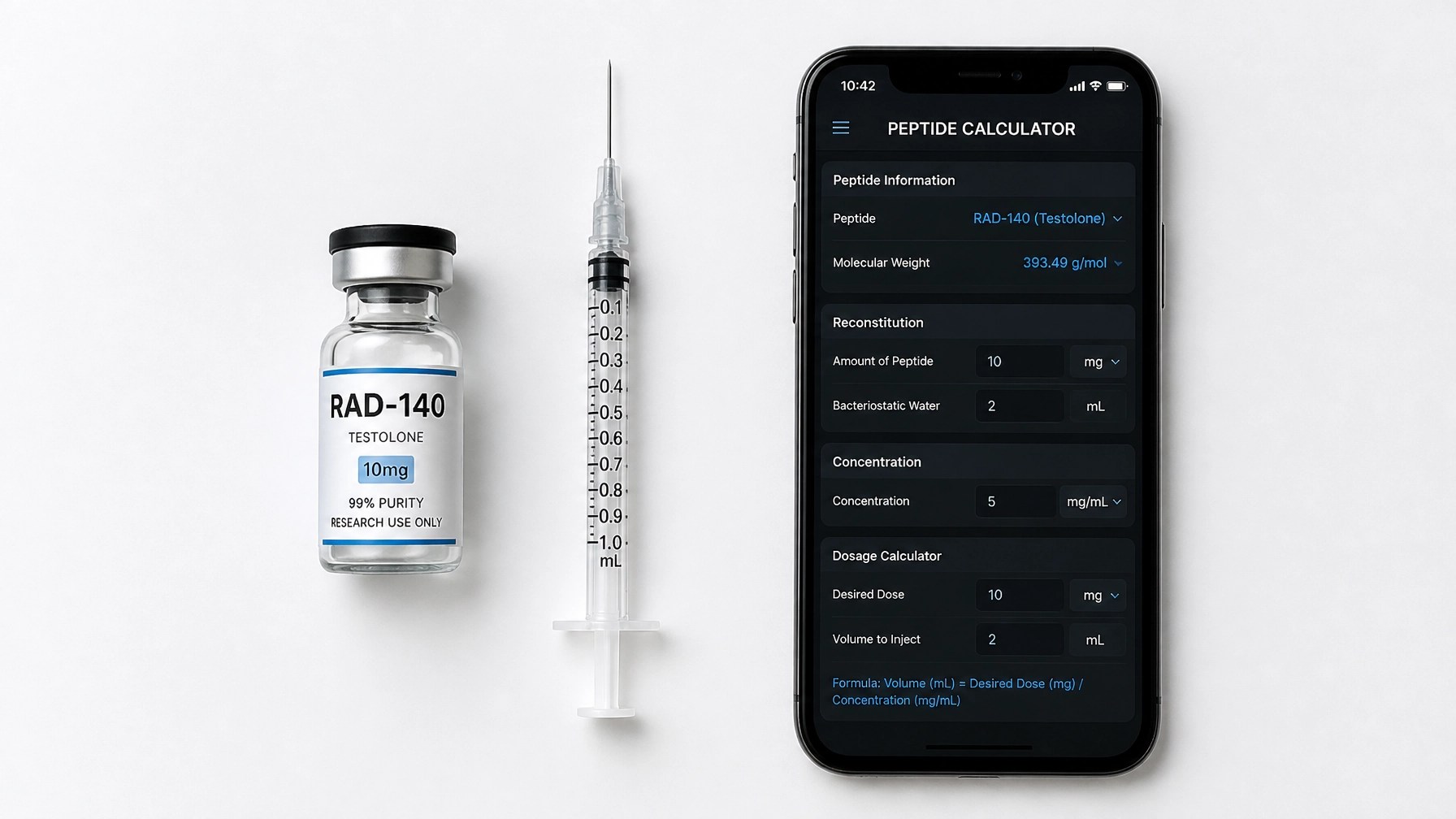 Research flat lay with RAD-140 vial and digital calculator
