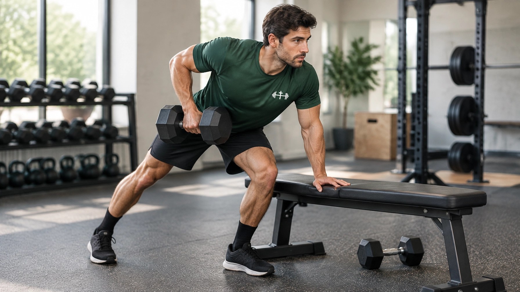 A man performing a one-arm dumbbell row in a clean gym