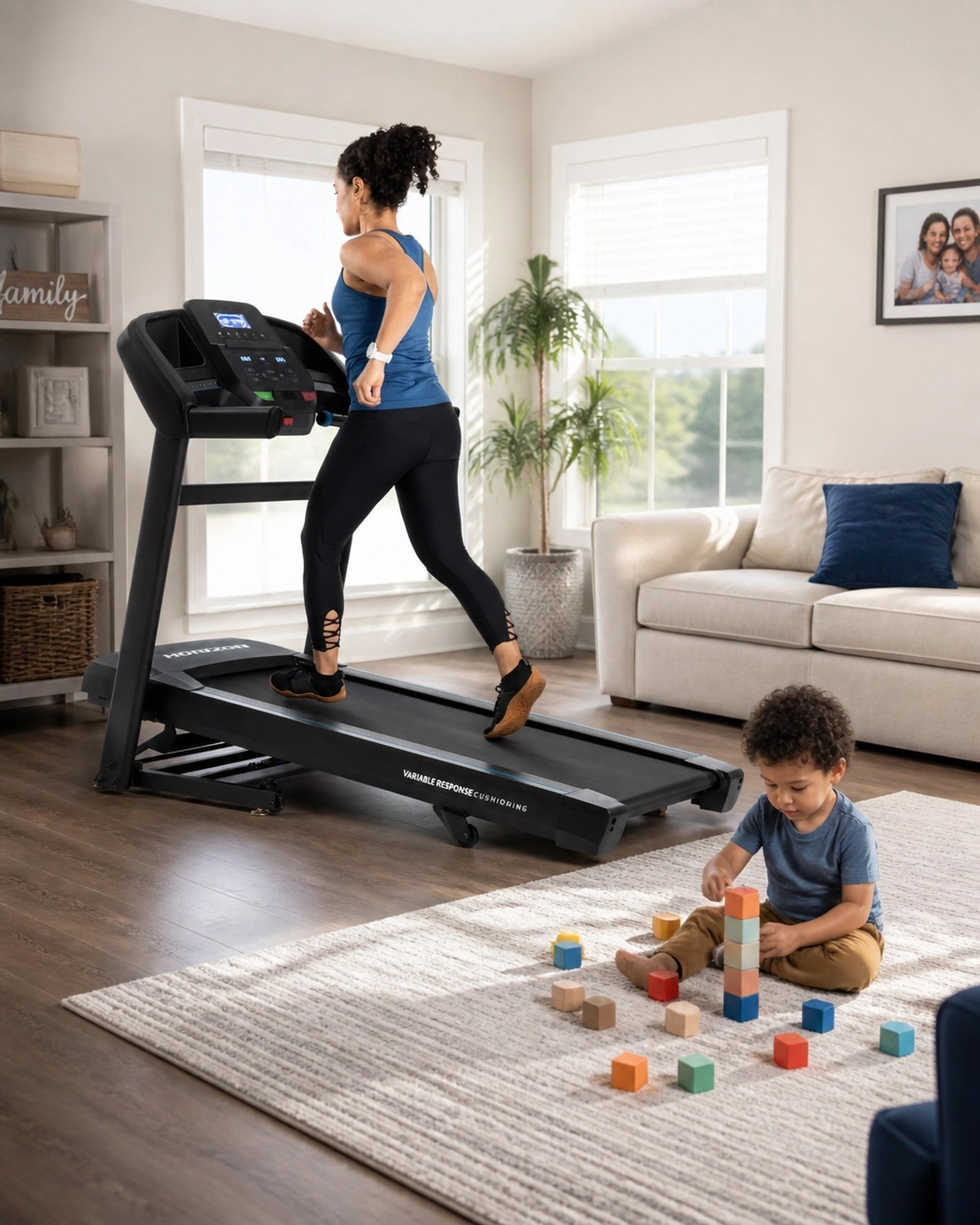 Parent using treadmill at home with child playing nearby
