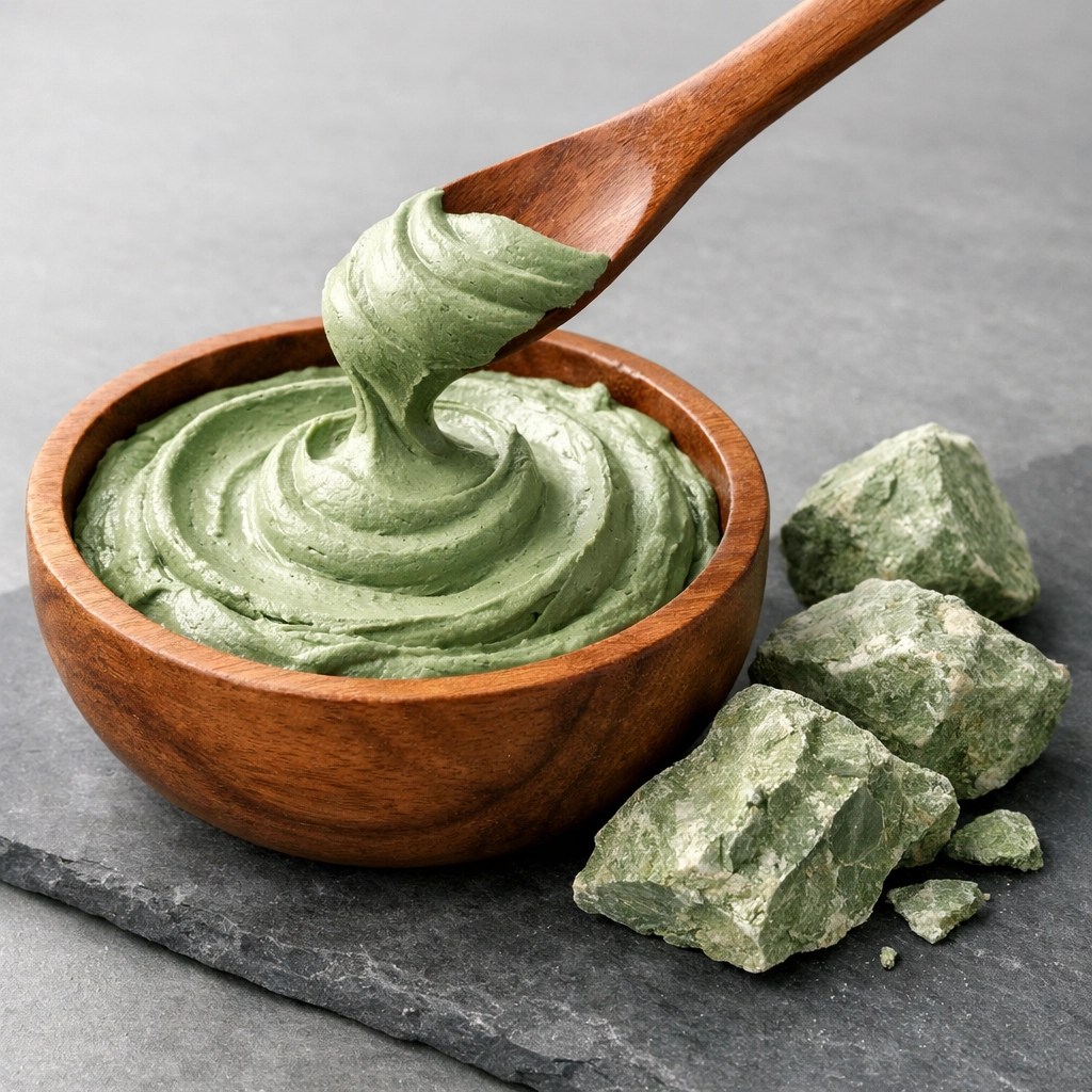 Pure French green illite clay paste and raw minerals used for healing blemishes and redness relief.