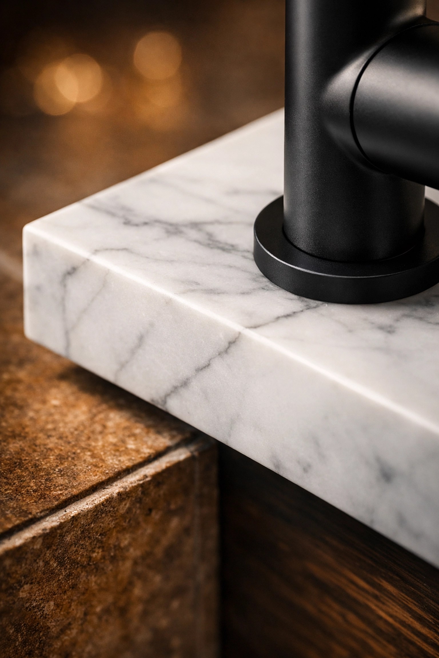 Détail de matériaux haut de gamme : robinet noir mat et comptoir en quartz