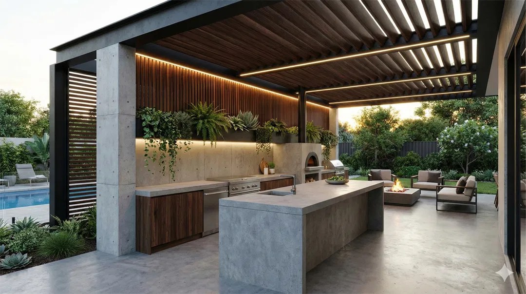 Contemporary outdoor kitchen with concrete island, grill, pizza oven, integrated lighting, and adjustable louvered roof