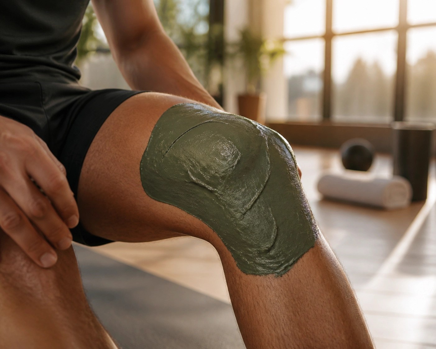 Athlete using French green clay on a knee for natural sports recovery and inflammation relief.