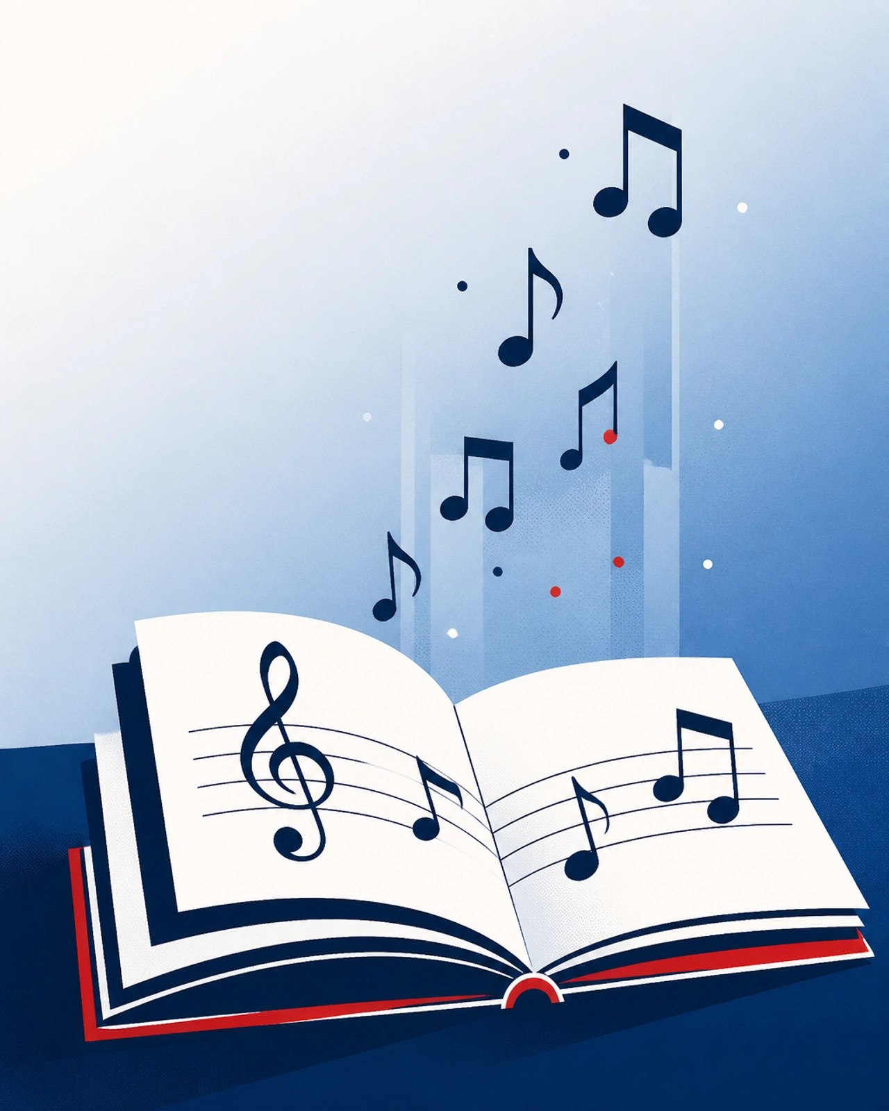 A minimalistic illustration of musical notes floating gently upwards in a patriotic gradient.