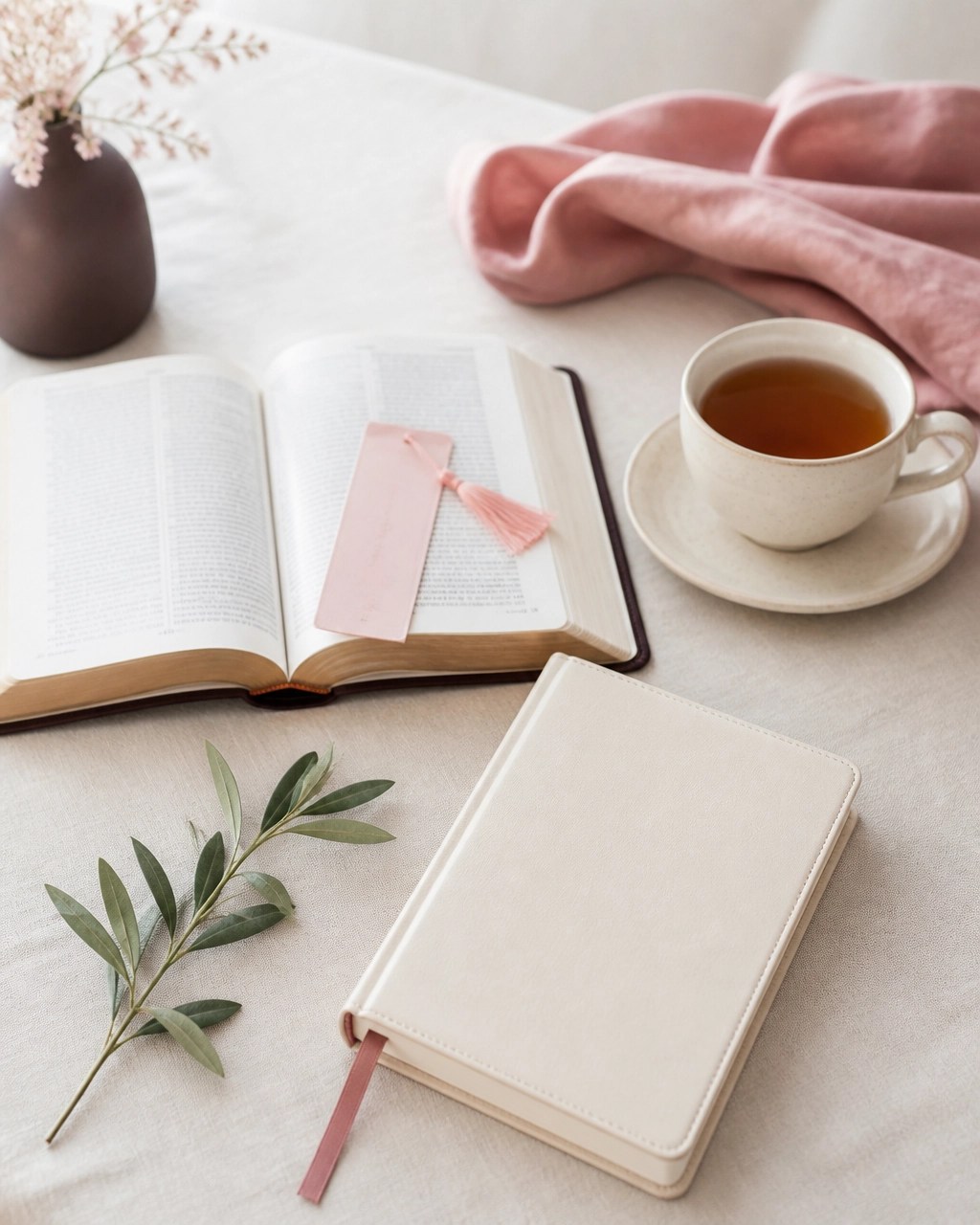 Minimal Bible study reset with an open Bible, cream journal, blush bookmark, tea, and a green sprig