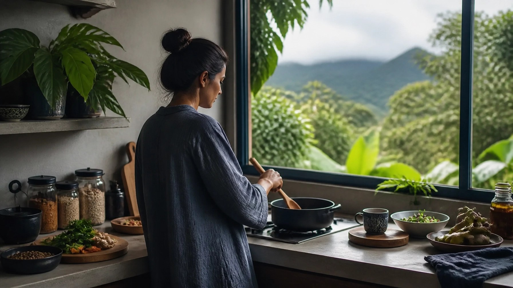 Rutina cotidiana de cocina consciente e infusión en un hogar colombiano