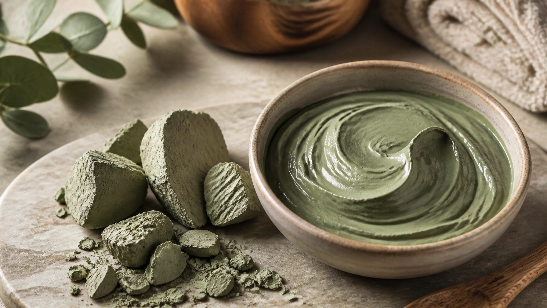 A close-up of raw sun-dried French green clay next to a bowl of smooth, hydrated green clay paste.