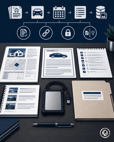 Attorney-facing documentation workflow showing property records, vehicle titles, chronology, source notes, and preserved original media