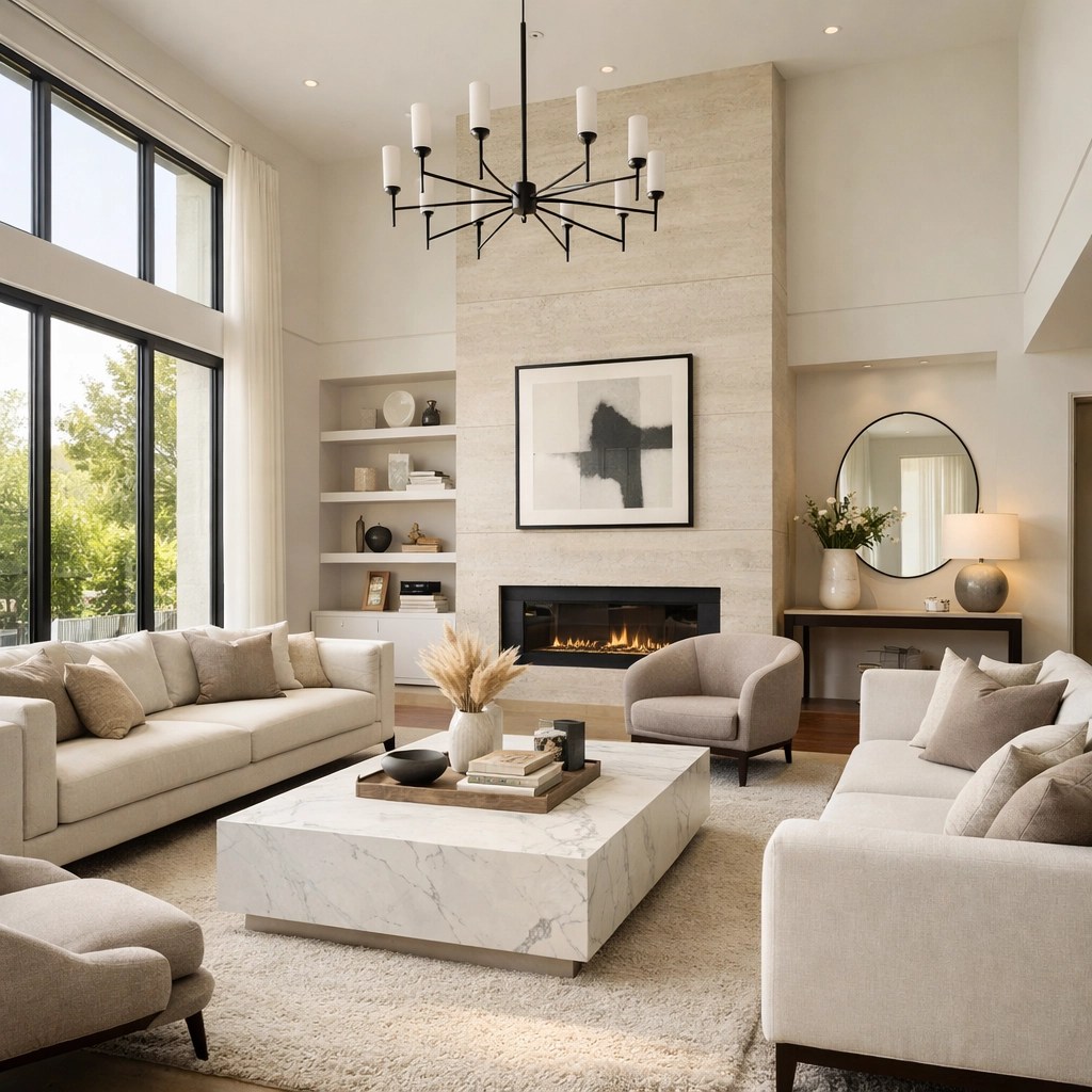 Professional staging in a contemporary living room to boost home value in the Montgomery County market.