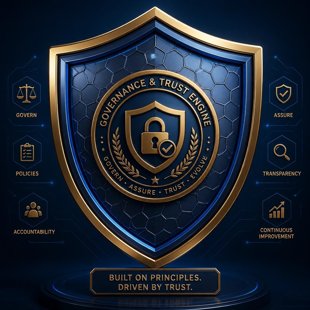 A metallic 3D shield with hexagonal patterns, representing a Governance and Trust Engine
