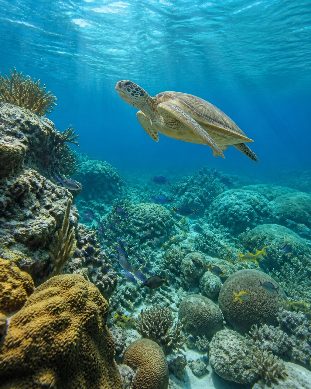 Underwater view of a sea turtle gliding above colorful coral and reef fish in Curaçao’s clear Caribbean waters
