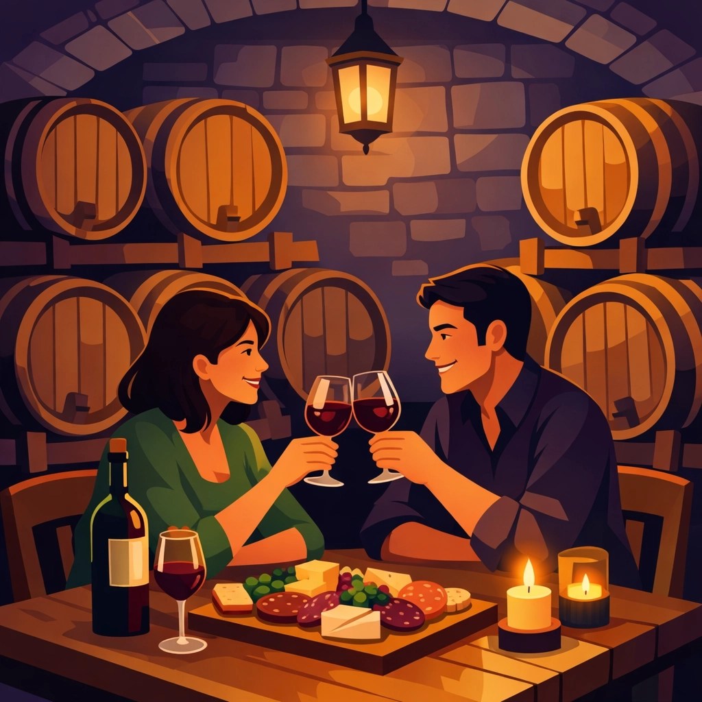 Intimate private wine tasting experience in barrel room for anniversary couple