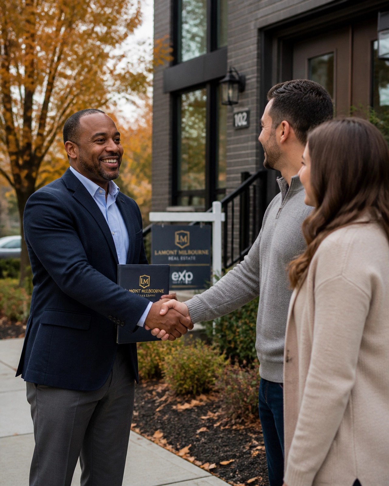 A professional real estate consultant shaking hands with a couple in front of a Maryland home in the fall