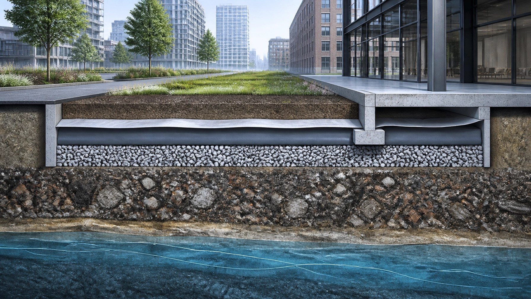 AI-generated technical cross-section showing an engineered cap over contaminated historic fill beneath pavement and a building slab