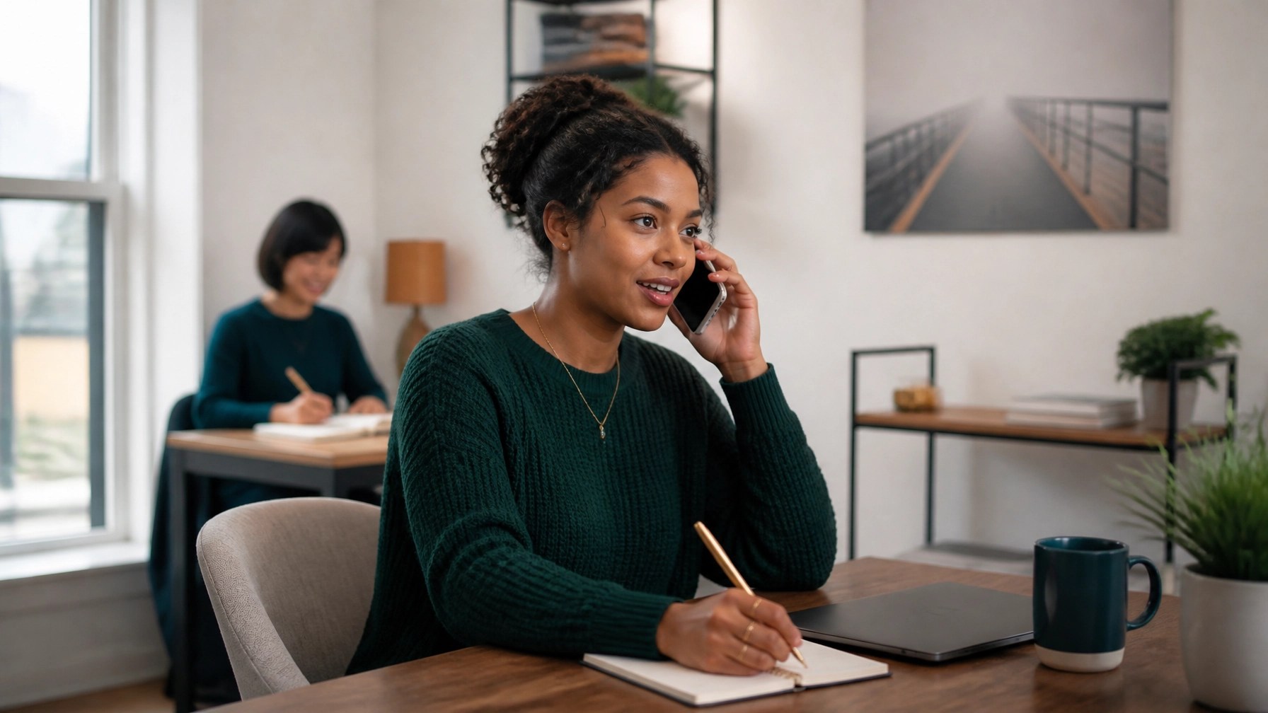 A recruiter phone conversation represented through a focused student taking notes in a bright professional setting