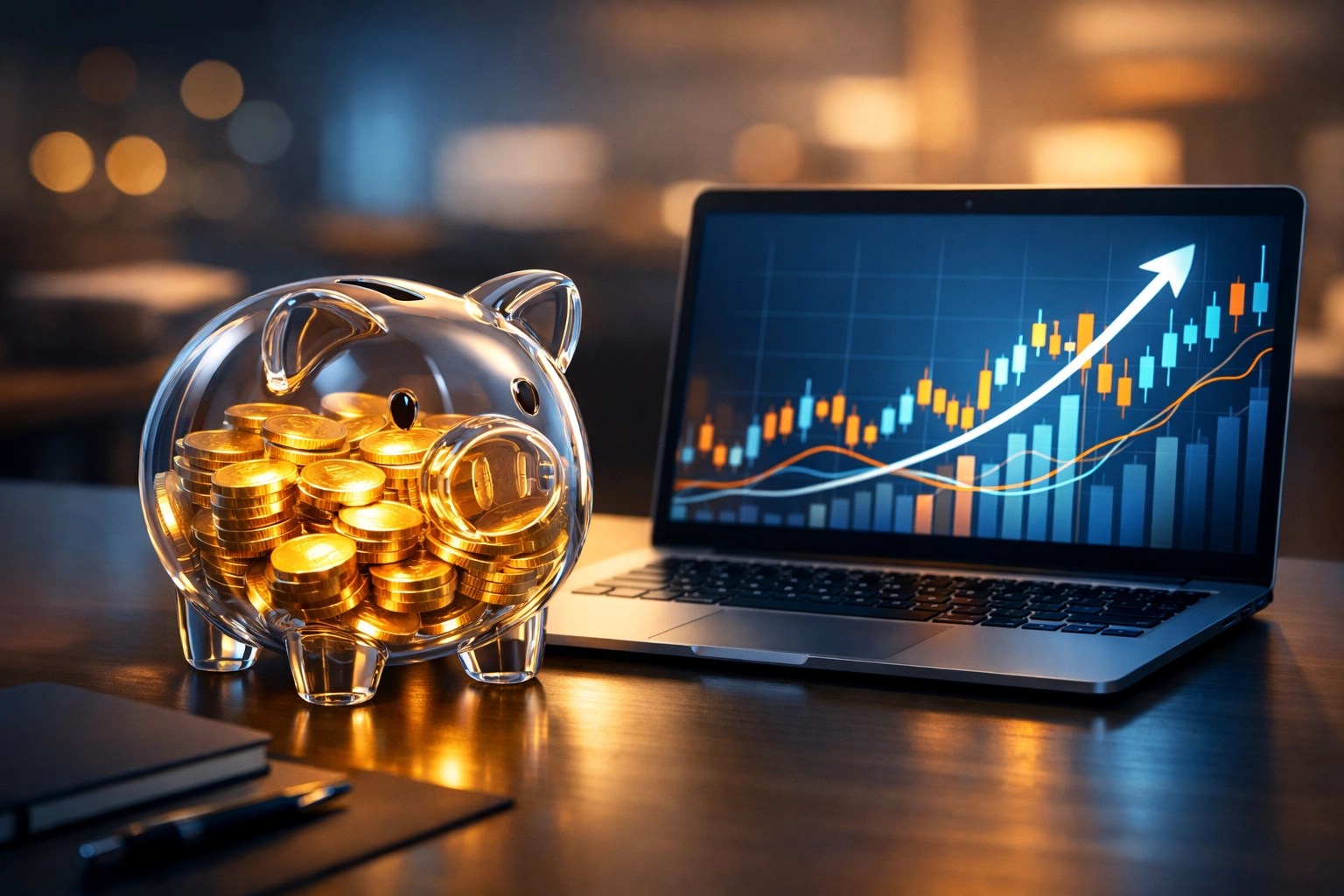 Savings growing with diversified cashflow account strategy and upward trending financial charts