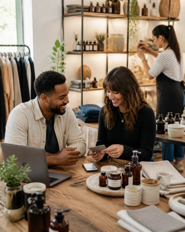 Retail owner and employee planning social media and email content
