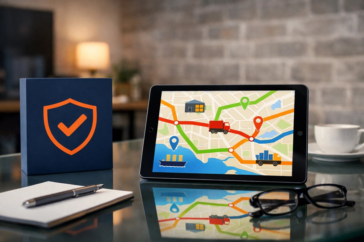 A tablet displaying a logistics map, highlighting secure freight broker services and supply chain vetting.